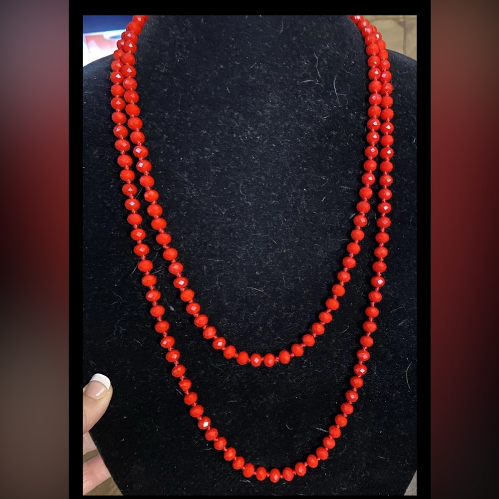 Vintage CZECH Deco Bright Red 8mm Glass Bead Strand Necklace 60" Flapper Length